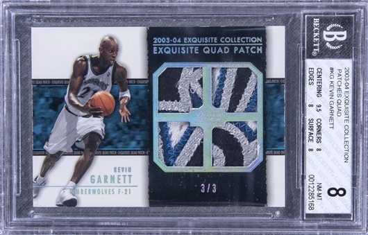 2003-04 UD "Exquisite Collection" Patches Quad #KG Kevin Garnett Game Used Patch Card (#3/3) – BGS NM-MT 8